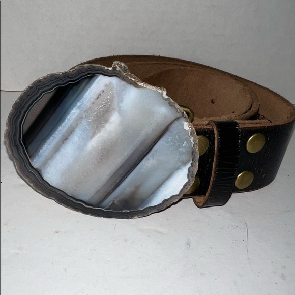 Regina Andrew Large Quartz Belt Buckle Tumbler Women Medium Black Leather - Picture 3 of 7